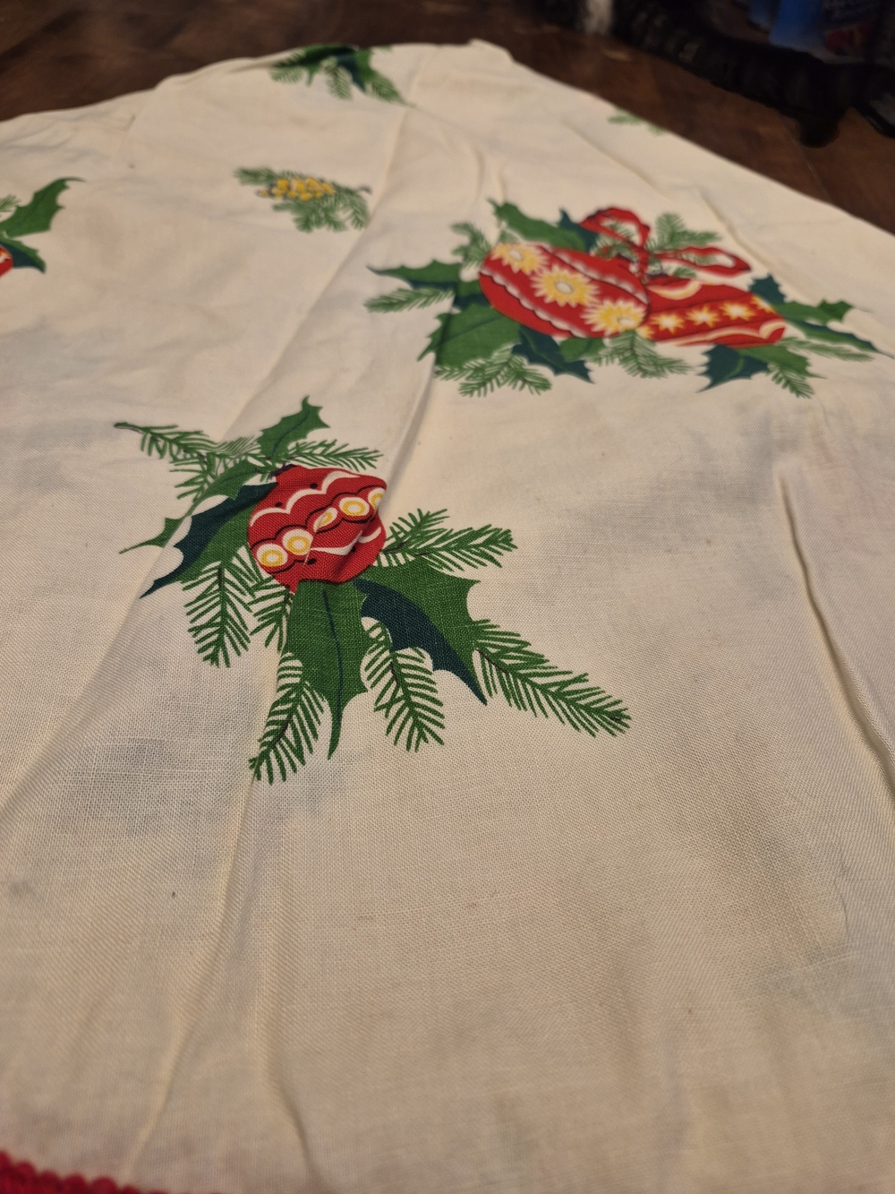 Festive Red and Green Holiday Table Linen With Fun Red Pom Pims